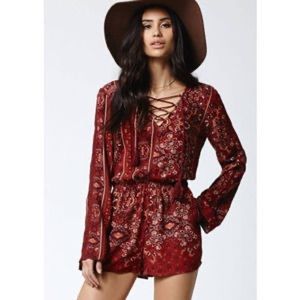 Kendall + Kylie Red Paisley Lace Up Romper